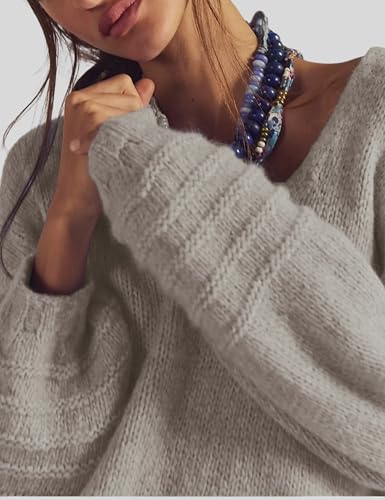 Womens Bohemian Slouchy Style Sweater Off Shoulder Knit Pullover with bubbled Sleeves4