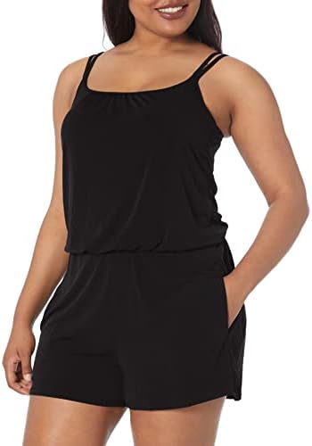 Maxine Of Hollywood womens Romper One Piece Swimsuit, Black Solid Tr, 14 US