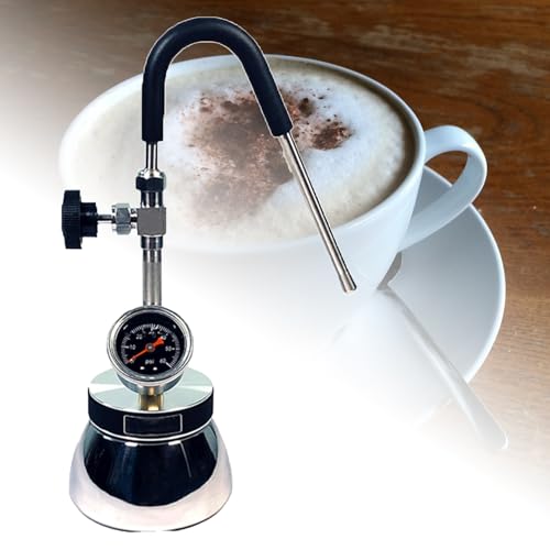 Espumador de leche de acero inoxidable con boquilla de 3 agujeros y medidor de presión de aire, ideal para uso en exteriores y compatible con placas de llama abierta e inducción