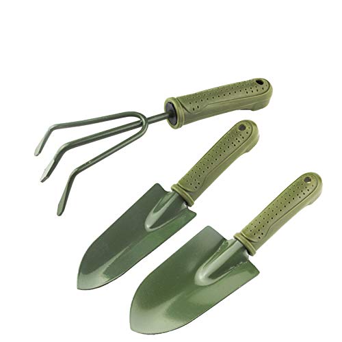 USAMS - Juego de 3 herramientas de jardinería para rastrillo, paleta y trasplante de pala gris verde con asa, 3 piezas