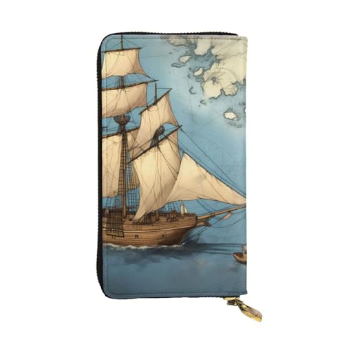 Portefeuille de qualité en cuir noir motif voilier dérive et carte de la mer pour femme