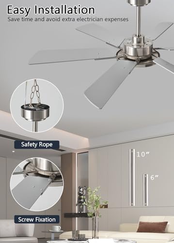 Image of JSAITEE 52 Inch Low Profile Ceiling Fan with Light, Remote & App Control, 3CCT Dimmable,6 Speed 6 Blades Ceiling Fans, Quiet Reversible DC Motor, Modern Nickel Ceiling Fan for Bedroom Living Room