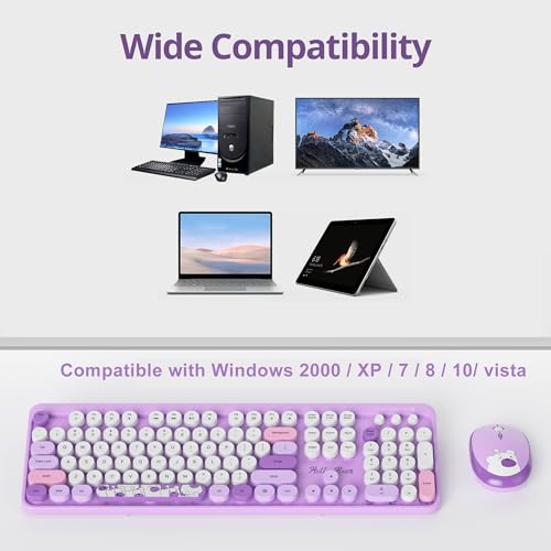 Image of Fogruaden Wireless Keyboard and Mouse Combo 2.4GHz Retro Typewriter Keyboard, 104 Keys Full Size Round Keycap Cute Keyboard and Mouse with Number Pad, Purple Colorful Keyboard for Windows PC Laptop