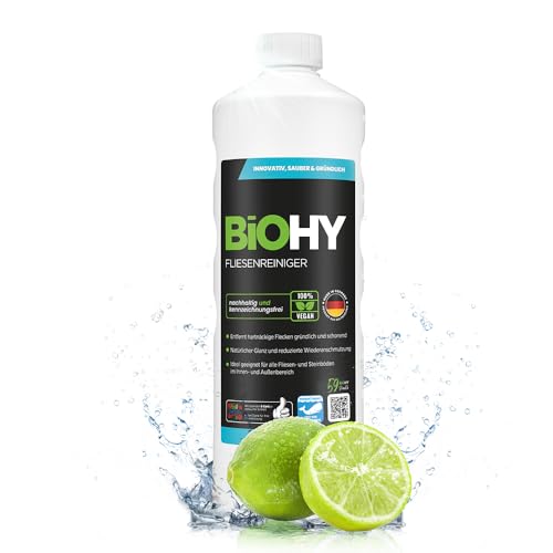 BiOHY Fliesenreiniger (1l Flasche) | Bio Reiniger für Wand- & Bodenfliesen aller Art | Intensiver Kalkentferner | Streifenfreie Reinigung für Wohnzimmer Küche & Bad | Innen & Außenbereich