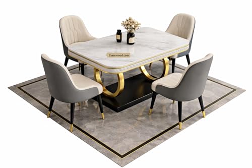 Image of Ring Dining Table Set 4 Seater Marble Finish Dining Table Set with Gold Metal Base & Cushioned Chairs - Modern Dining Table for Home & Kitchen (54 x 36 x 30 Inch) (Grey + Cream)