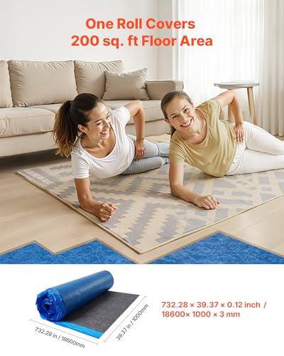 Image of VEVOR Floor Underlayment 200 sq. ft /Roll, 3 mm Thick Laminate Flooring Padding with Attached Vapor Barrier, Heavy Duty Fiber + PE Film, Soundproofing & Noise Reduction, Ideal for Laminate Wood