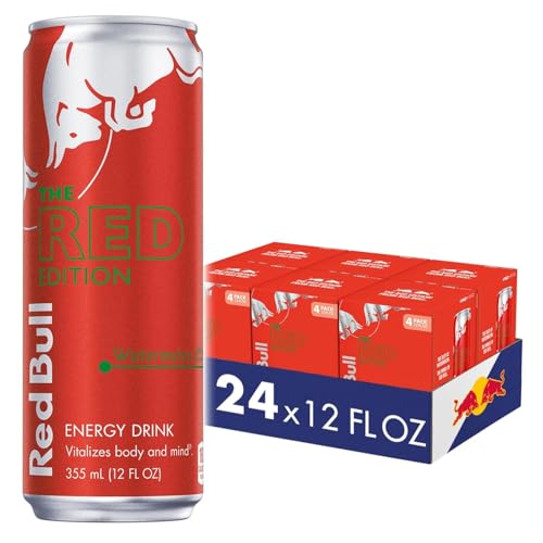 Image of Red Bull Red Edition Energy Drink, Watermelon, with 114mg Caffeine plus Taurine & B Vitamins, 12 Fl Oz, 6 Packs of 4 Cans (Pack of 24)