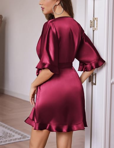 Ekouaer Silk Robes for Women Short Lightweight Bathrobe Ruffled Satin Kimono Robes Sexy Bride Bridesmaid Sleepwear Wine Red L — view 2