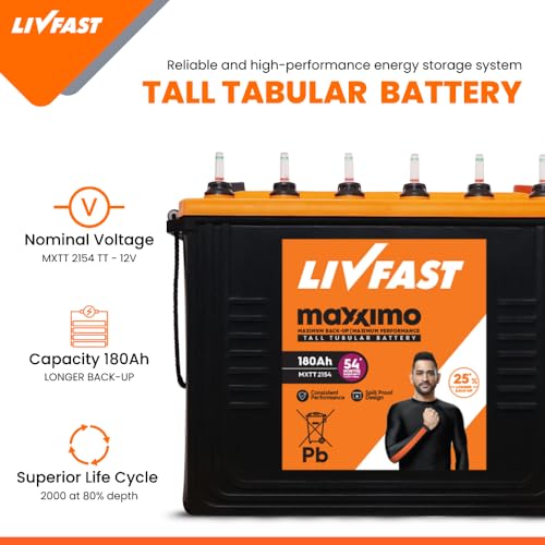 Image of Livfast Maxximo Tall Tubular High-Performance Battery MXTT 2154 | 180 Ah | 54 Months Warranty | Durable Backup Power for Home and Office, Long-Lasting Backup