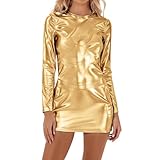 QJDFLL Glänzendes figurbetontes Minikleid aus Kunstleder mit Langen Ärmeln für Clubpartys und Abendveranstaltungen Fasching kostüm Damen Karneval(Gold,XL)