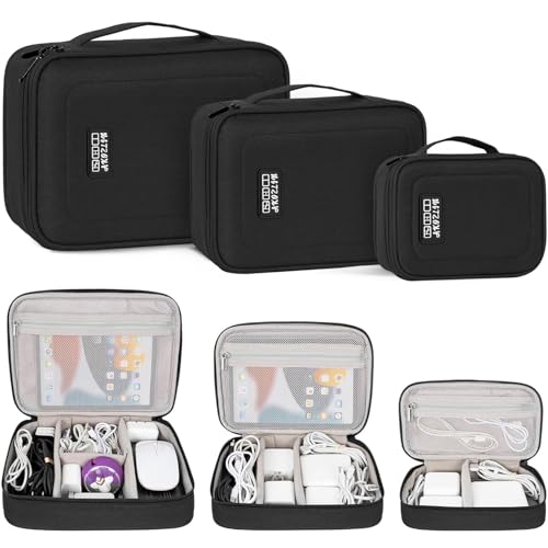 AKOZLIN Padded 3pcs/set Travel Organizer Office Cord Cable Electronics Accessories Bag Electrical Cord Management Case Black