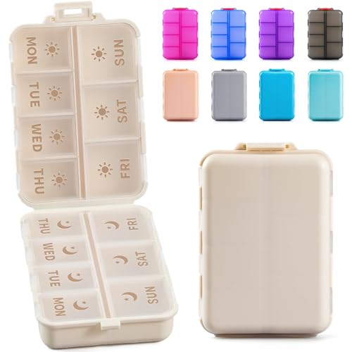 new foldable amp double protection portable weekly pill organizer 2 times a day with etched labels am pm 7 day week medicine box daily travel pill case holder dispenser for vitamin supplement - khaki