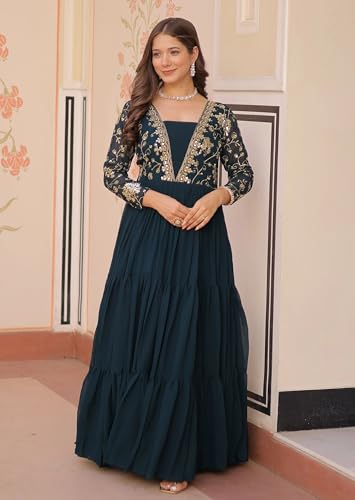 Image of FOXDX Womens Faux Georgette Sequence Embroidered Ankle Length Anarkali Gown for Women| Festival | Trending |