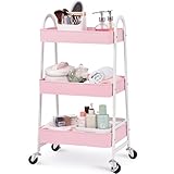 3-Tier Utility Rolling Cart with Large Storage and Metal Wheels for Office,Kitchen,Bedroom,Bathroom,Black,Pink,White 130839