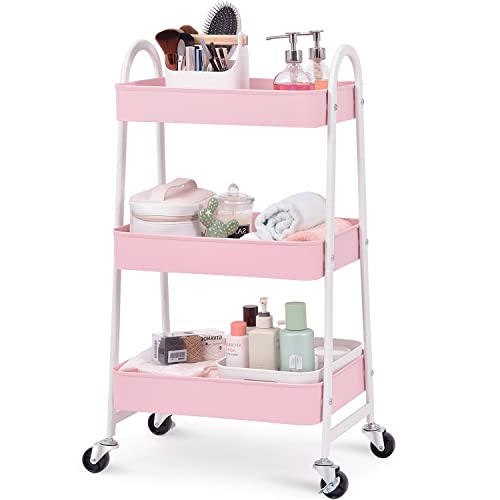 KINGRACK 3-Tier Metal Rolling Cart, Multi-Functional Storage Cart with Handle and Lockable Wheels, Utility Cart for Office, Bathroom, Kitchen, Pink