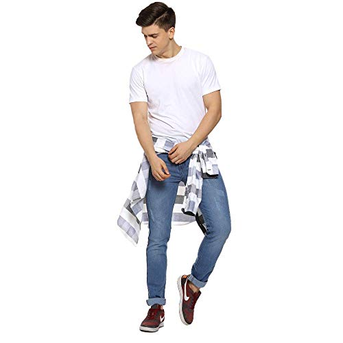 Image of CAHOOT Men' Classic Blue Dark Washed Distressed Patterned Regular Fit Denim Jeans Premium Mid Rise Cotton Stretchable