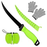 Fishing Fillet Knife, 7 Inches Professional Fillet Knife Set Stainless Steel Blade in Corrosion Resistant Coating, with Sharpener and Cutting Resistant Gloves, for Fishing and Outdoor, Green