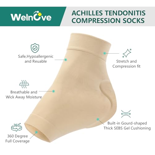 Image of Welnove Achilles Tendonitis Heel Protector Socks - 4 Pcs Achilles Tendon Support Compression Socks - Gel Padded Sleeve for Cushion & Protection of Bursitis, Tenderness, Dry Cracked (Beige,Larger)