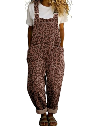 chouyatou Womens Y2K Leopard Print Denim Bib Overall Pants Wide Leg Cheetah Jeans Jumpsuits Loose Romper (Large Brown)
