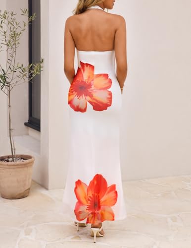 Image of ZESICA Women's Summer Floral Halter Neck Sleeveless Maxi Dress