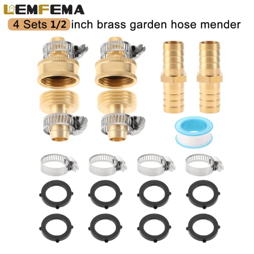 Lemfema 4 Sets 1/2 Inch Solid Brass Garden Hose Connector Repair Kit,Water Hose Mender Female Male Hose Coupling With Stainless Steel Clamp, Tape And Rubber Gasket #TOP6