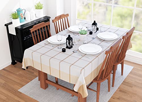 Image of Encasa XO Table Cloth (10 ft Long) for 8 to 10 Seater Large Center Dining Table - Beige Panel with Borders - Heavy Homespun Eco-Cotton Fabric, Washable, for Home, Garden, Hotel & Restaurant