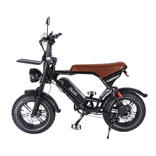 OUXI Ulttra Mini Bicicleta Eléctrica 250W para Adultos, E-Bike con Batería 36V 10.4Ah, Fat Tire 16x4.0, Frenos de Disco Hidráulicos, Doble Suspensión, Pantalla LCD (Negro + Marrón)