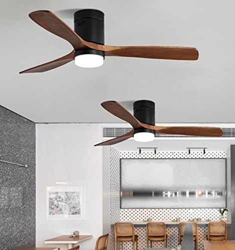Rela Mall 52" Low Profile Ceiling Fan With Light Remote Control, 6-Speed Ceiling Fan, Minimalist Retro Style, Timing Ceiling Fan For Indoor/Bedroom/Kitchen, Walnut Blade + Black Body #TOP6