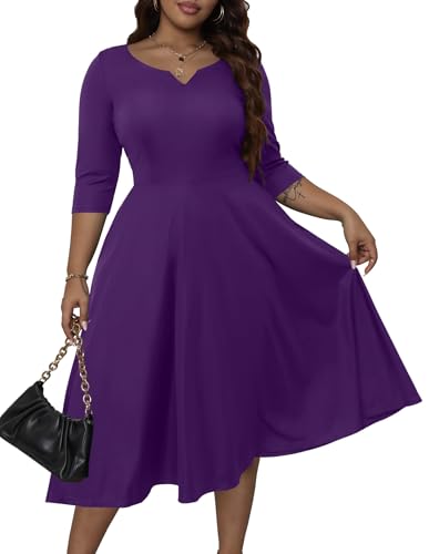 Runwind Plus Size Dresses Women Fit and Flare A-Line Swing Dress 3/4 Sleeve Midi Church Wedding Guest Cocktail Party Dresses