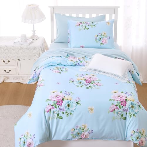 Image of Wake In Cloud - Floral Comforter Set, Shabby Chic Farmhouse Cottagecore Vintage Colorful Pastel Spring Flowers, Soft Lightweight Bedding for Women Girls, 3 Pieces, Blue, Twin /Twin XL Size