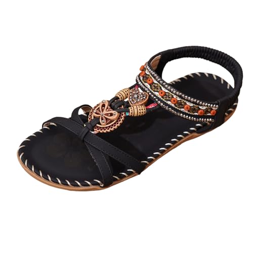 Sandalias de verano elegantes para mujer, sandalias de verano cómodas, sandalias ortopédicas planas con plantilla transpirable para playa, vacaciones, ocio, Negro , 44 EU