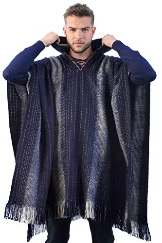 Alpaca Hooded Poncho for Men - Warm and soft wool cloak Cape -Comfortable House Coat (US, Alpha, One Size, Regular, Regular, Navy Blue)