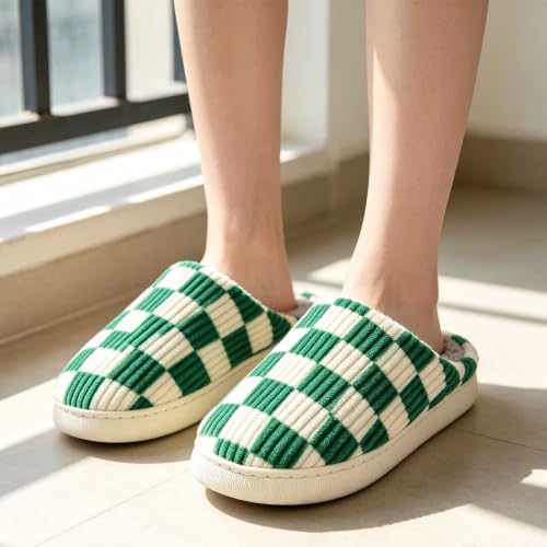 Image of Checkered Slippers for Women and Men - Fuzzy House Slippers with Memory Foam, Comfy Plush Fluffy Indoor House Shoes, Cozy Warm Slip on Bedroom Slippers with Non-Slip Sole