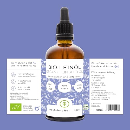 Wolfsbacher Natur Bio Leinöl – Hochwertiges Öl für Hunde und Katzen, kaltgepresst aus Deutschland, DE-ÖKO-060, 100ml