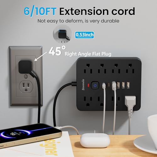 Surge Protector Power Strip, 8 Outlets(1250W/10A), 6 USB Charging Ports(2 USB C), 6FT Flat Plug Extension Cord Outlet Extender with Overload Protection, ETL Certified for Office, Dorm Room - Image 6
