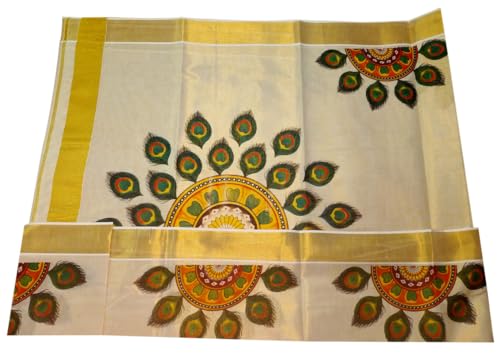 Image of Women's Mural Printed Kerala Gold Tissue Saree with Running Blouse Piece | Traditional South Indian Ethnic Saree for Festivals, Weddings & Special Occasions