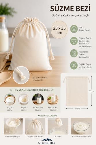 Büzgülü Süzme Bezi 25 x 35 cm -%100 Doğal Pamuk; 3-4 kg Kapasiteli Yoğurt, Labne ve Lor Peyniri Yapımı için Süzme Torbası, Badem, Soya ve Yulaf Sütü Süzme Bezi, Yıkanabilir
