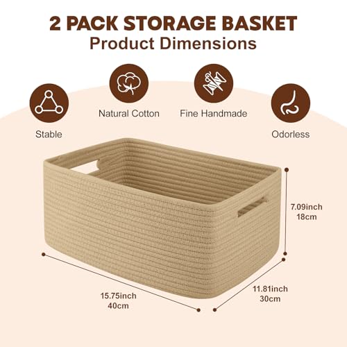 OIAHOMY Storage Basket for Shelves, Closet Cube Storage Bins Baskets for Clothes Blanket Towels, Baby Nursery, Toy Baskets Box, Woven Rope Basket, 15.75 * 11.81 * 7.09 ININ, 2 Packs Jute Yellow by OIAHOMY - Used condition - Image 2