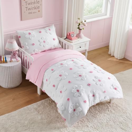 Image of Toddler Bedding Set for Girls 4-Piece Pink Boho Tufted Daisy Flowers Toddler Comforter Set Bed-in-a-Bag Toddler Sheets Bedroom Set with Toddler Comforter, Flat Sheet, Fitted Sheet, Pillowcase