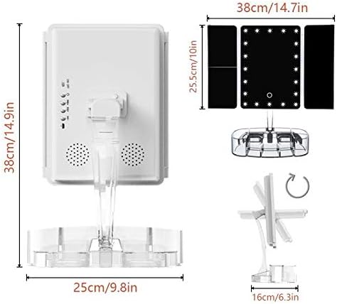 Hansong Makeup Mirror with Lights and Bluetooth - Tri-Fold Vanity Mirror with Magnification (2x/3x/10x), Lighted Mirror with Makeup Organizer Tray,Touch Screen Dimming,Rechargeable