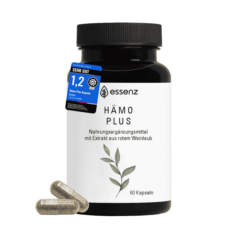 ESSENZ Hämo Plus Kapseln Nahrungsergänzungsmittel mit rotem Weinlaub- Hamamelis- und Traubenkern-Extrakt vegan 60 Kapseln