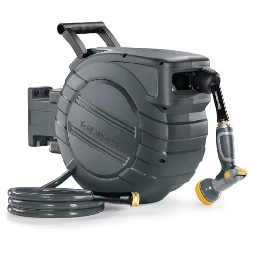 GLAHODEN Retractable Garden Hose Reel 5/8 in x 90 ft, 2025 Upgraded Dual Ratchet Lock UV & Freeze Protection Brass Seal Slow Retraction Anti-Tangle Hose 180°Swivel Reinforced Scaffold Wall Mount