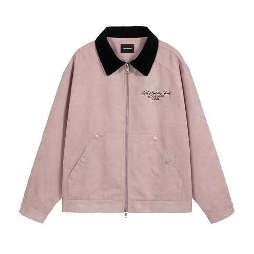 Silent Vortex Jaqueta masculina de camurça com estampa de letras coloridas, zíper, manga comprida, vintage, streetwear, unissex, casacos, Rosa, G