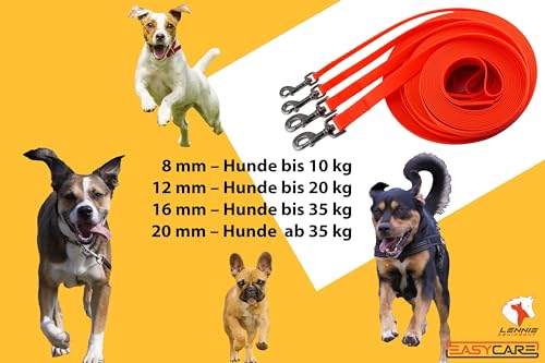LENNIE Wasserfeste Schleppleine für kleine u. große Hunde, Made in Germany, Easycare, 5m 8m 10m 15m Hundeleine mit Handschlaufe, leicht, robust [Neon-Orange, 8mm (bis 10kg), 5m]