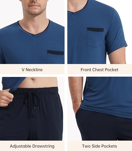 Image of NACHILA Men's Pajamas Set-Viscose Made from Bamboo, Short Sleeve Sleepwear Soft Pjs with Shorts V Neck Loungewear Sets