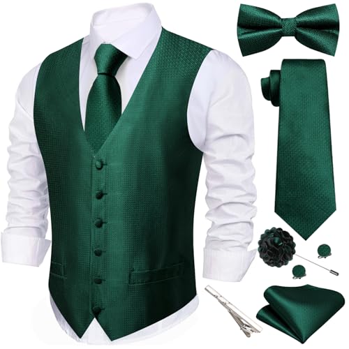 Barry.Wang Men's Suit Vest Tie Bowtie Set Formal Silk Paisley Waistcoat Hanky Cufflinks Lapel Pin Set Wedding Party 7PCS