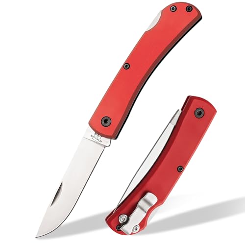 BEAR & SON Small Locking Farmhand Pocket Knife – USA Made Manual Folding EDC with Pocket Clip, 2.75' 440 Stainless Drop Point Taper Ground Blade, Red Aluminum Handle, Ultra Lightweight Tip-Up Carry
