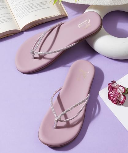 Image of JM LOOKS Elegant Embellished Shimmer Strap Flip Flops Comfortable Lightweight Daily Wear Flat Sandals For Women