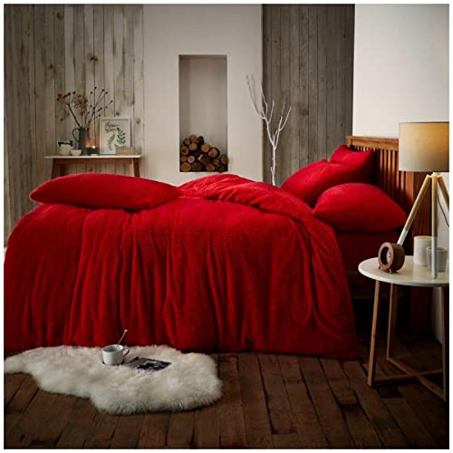 GC GAVENO CAVAILIA Teddy Bear King Size Duvet Cover Sets, Thermal Warm & Cosy Super Soft Cuddly Sherpa Fleece Duvet Cover King Size Set With Pillowcases, Red