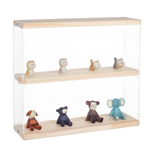OLYCRAFT Vitrina acrílica de 2 capas de 11.8 x 3.3 x 10 pulgadas, vitrina de acrílico montada en la pared, caja organizadora a prueba de polvo con base de madera para encimeras, vitrina para figuras